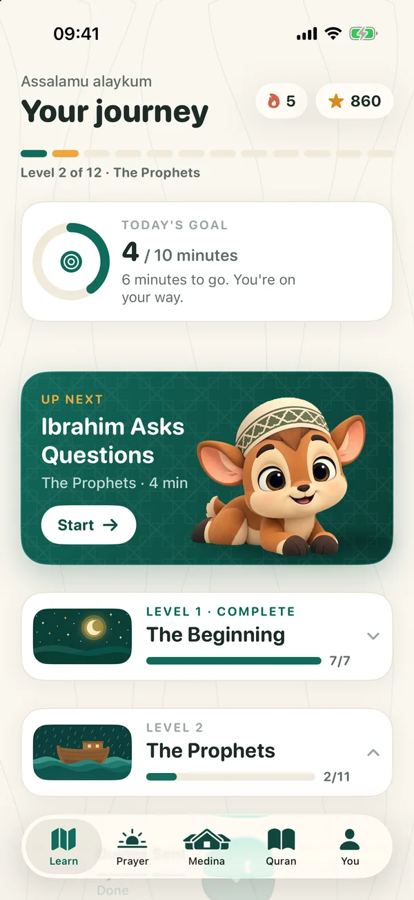 ilmi's Learn tab: today's goal, the next lesson and the levels