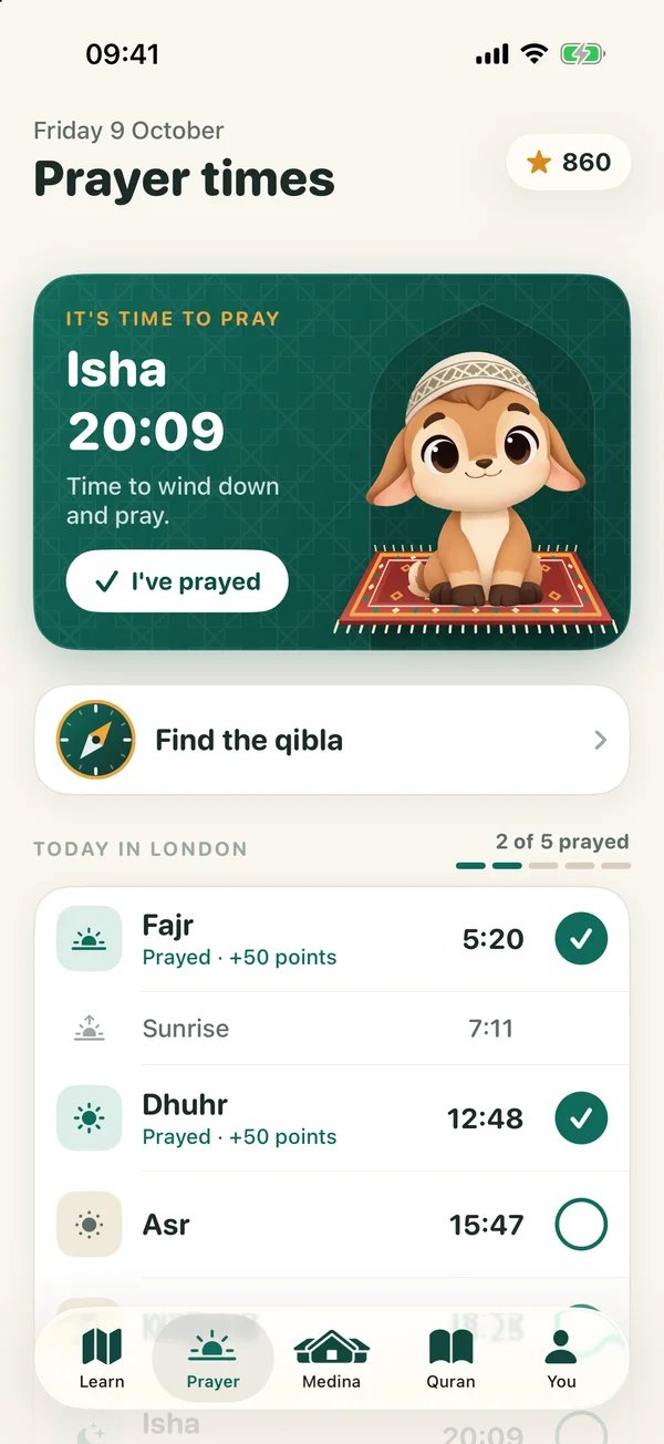 The Prayer tab with today's prayer times